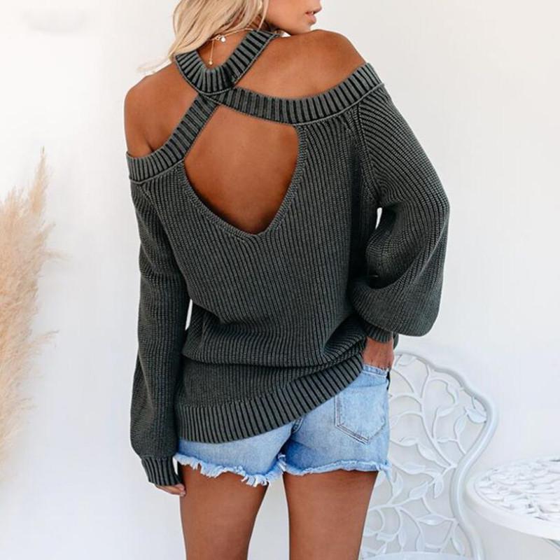 Boho Beach Hut Sweater, Blue Sweater, Pink Sweater, Black Sweater, Green Sweater, Pullover Gray / S Backless Criss Cross Knit Sweater