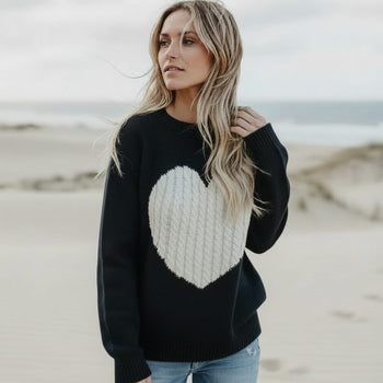 Boho Beach Hut Sweater Heart Patchwork Knit Sweater Black / S