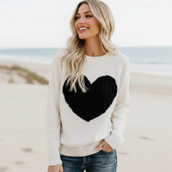 Boho Beach Hut Sweater Heart Patchwork Knit Sweater Off White / S