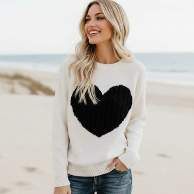 Boho Beach Hut Sweater Heart Patchwork Knit Sweater Off White / S