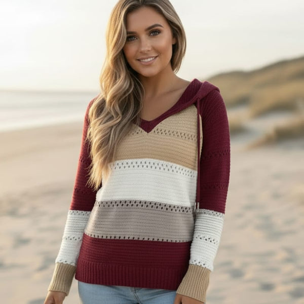 Boho Beach Hut Sweater, Pullover Sweater Boho Patchwork Pullover Sweater S / Wine Red