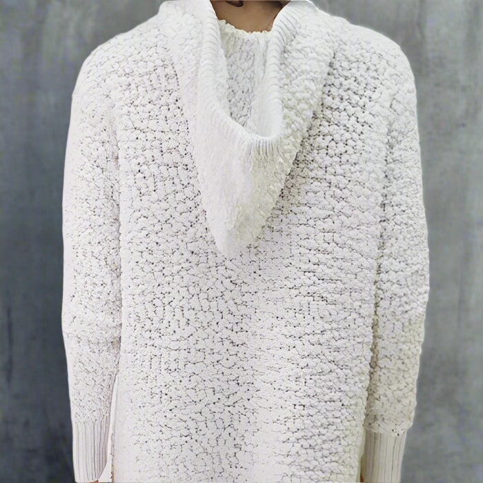 Boho Beach Hut Sweater White Knit Hooded Sweater