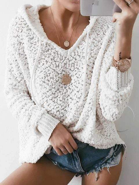 Boho Beach Hut Sweater White / S White Knit Hooded Sweater