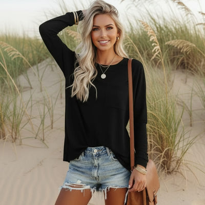 Boho Beach Hut T-Shirts, Long Sleeve Shirt, Plus size long sleeve Black / S Casual Long Sleeve Shirt with Pocket