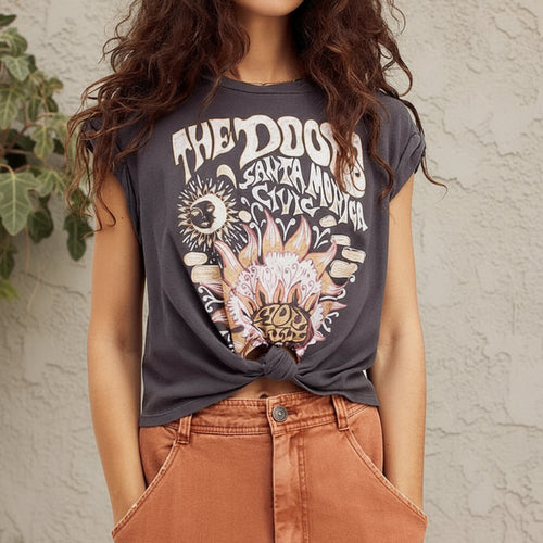 Boho Beach Hut T-Shirts, Short Sleeve Shirt, Printed Top, Tank Top, Sleeveless Shirt Gray / S Vintage Print Short Sleeve Top