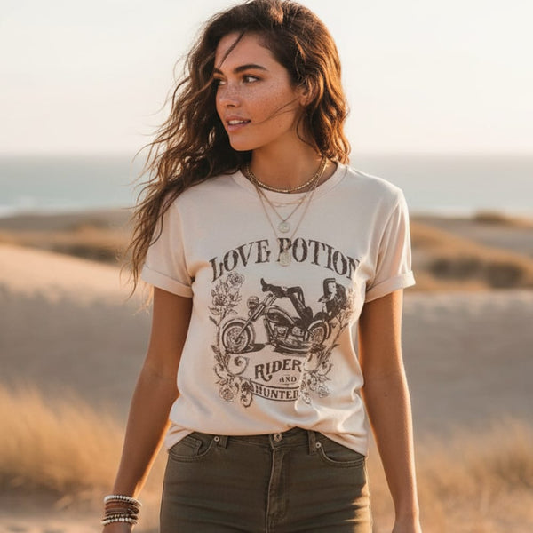 Boho Beach Hut T-Shirts, Short Sleeve Shirt, Printed Top Vintage Love Potion Short Sleeve Top