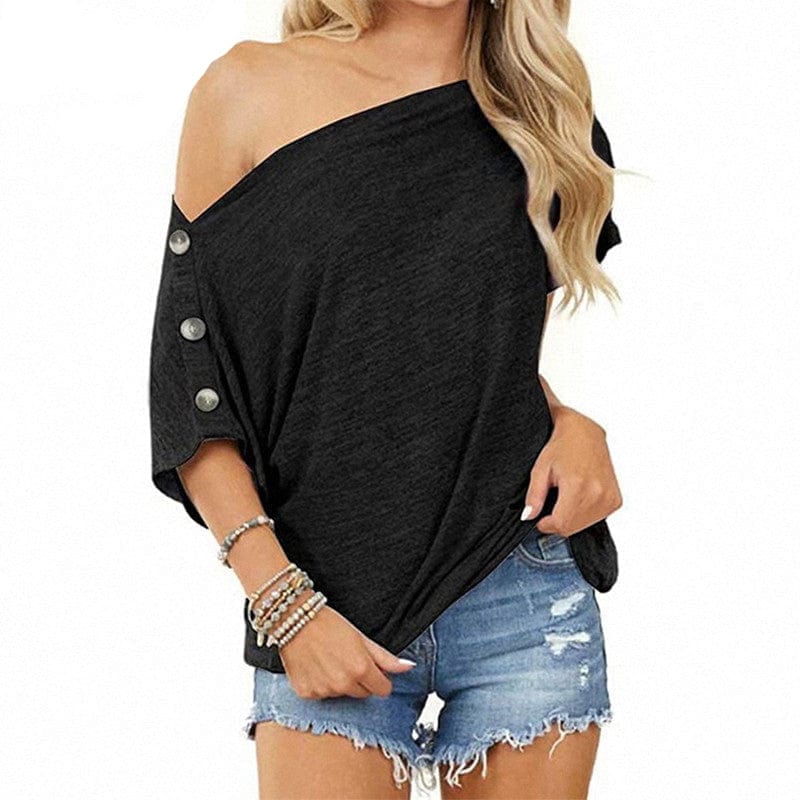 Boho Beach Hut T-Shirts, Tops, Short Sleeve, Tee shirt, T-shirt, Off Shoulder Top Black / S Casual Short Sleeve Off Shoulder Tee Shirt