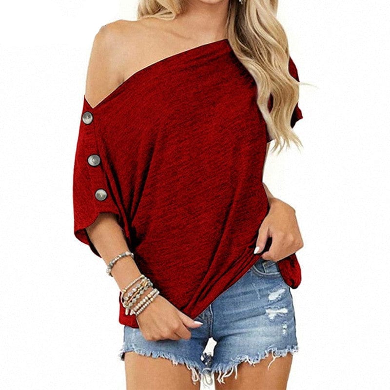 Boho Beach Hut T-Shirts, Tops, Short Sleeve, Tee shirt, T-shirt, Off Shoulder Top Burgundy / S Casual Short Sleeve Off Shoulder Tee Shirt