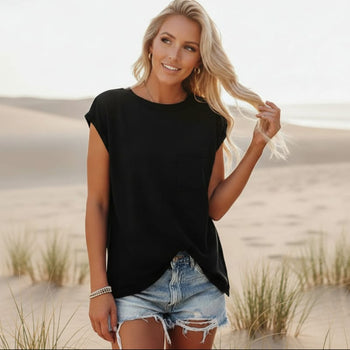 Boho Beach Hut T-Shirts, Tops, Short Sleeve, Tee shirt, T-shirt Black / S Solid Casual Short Sleeve T Shirt