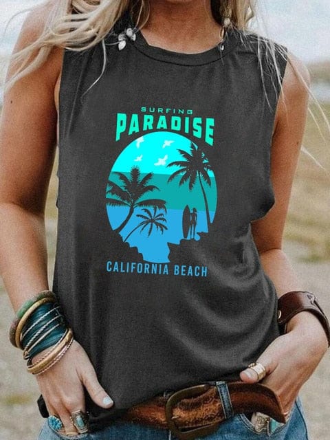 Boho Beach Hut Tank Tops, Plus Size, Sleeveless Dark Gray / S Surfing Vintage Graphic Tank Top