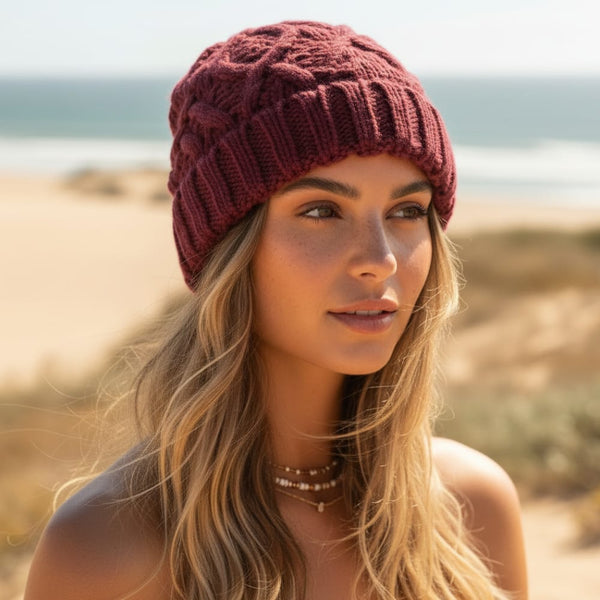 Boho Beach Hut Women's Beanies, Headbands, Knit Headbands, Knit Head Warmers, Ear Warmers Burgundy / One Size Knit Wool Beanie