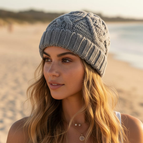 Boho Beach Hut Women's Beanies, Headbands, Knit Headbands, Knit Head Warmers, Ear Warmers Knit Wool Beanie Gray / One Size