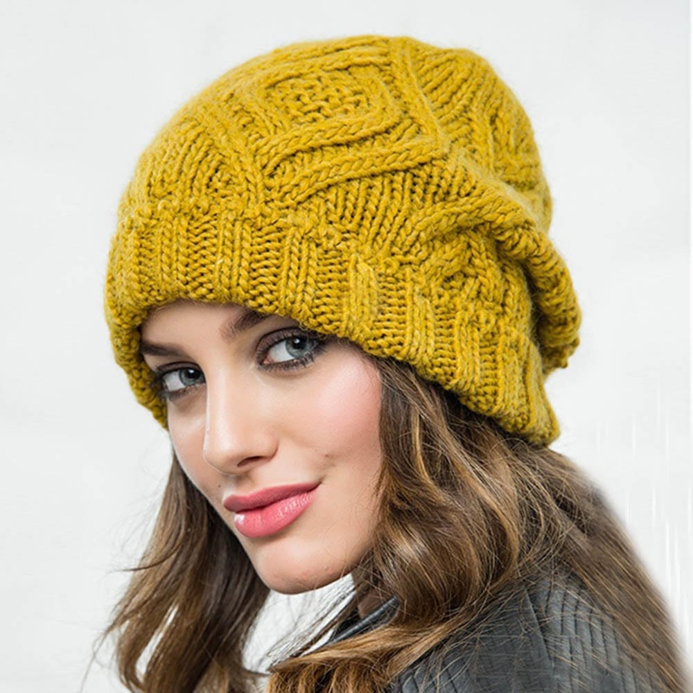 Boho Beach Hut Women's Beanies, Headbands, Knit Headbands, Knit Head Warmers, Ear Warmers Knit Wool Beanie Yellow / One Size