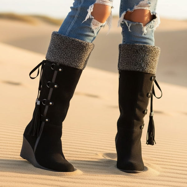 Boho Beach Hut Women's Footwear, fur boots, ugg boots, plush boots, black boots, beige boots, brown boots, winter boots Fashion Plush Boots Black / 4.5