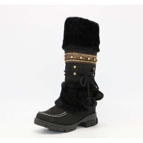 Boho Beach Hut Women's Footwear, ugg boots, mid calf boots, winter boots, fur boots, colorful boots, black boots, brown boots, pink boots, beige boots Mid-Calf Thick Fur Boots- 4 Colors Black / 4