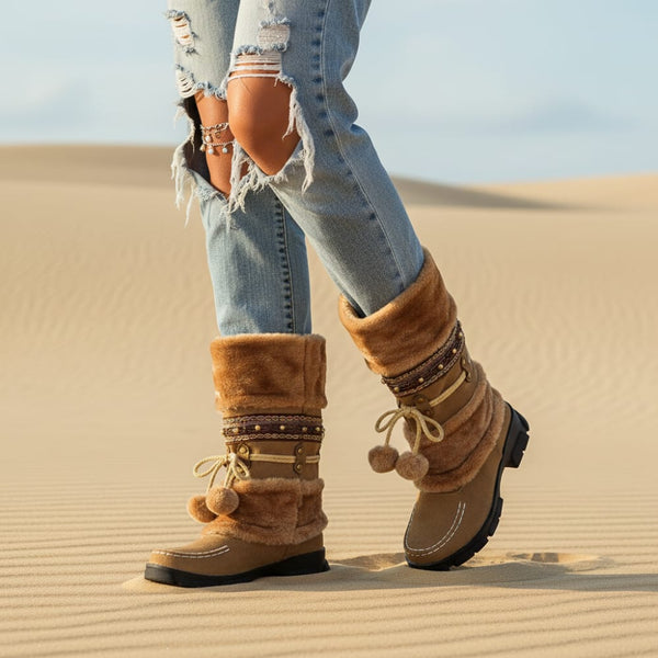Boho Beach Hut Women's Footwear, ugg boots, mid calf boots, winter boots, fur boots, colorful boots, black boots, brown boots, pink boots, beige boots Mid-Calf Thick Fur Boots- 4 Colors Brown / 4