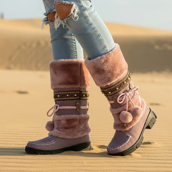 Boho Beach Hut Women's Footwear, ugg boots, mid calf boots, winter boots, fur boots, colorful boots, black boots, brown boots, pink boots, beige boots Mid-Calf Thick Fur Boots- 4 Colors Pink / 4