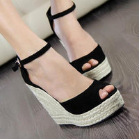 Boho Beach Hut Women's Footwear, wedges, black wedges, beige wedges, peep toe wedges, summer shoes Black / 5 Peep Toe Wedges