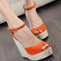 Boho Beach Hut Women's Footwear, wedges, black wedges, beige wedges, peep toe wedges, summer shoes Orange / 5 Peep Toe Wedges