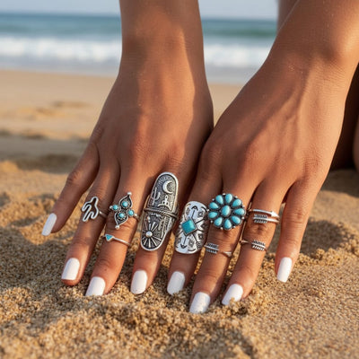 Boho Beach Hut Women's Rings Boho Vintage Style Ring Set Turquoise / 5-8.5