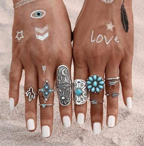 Boho Beach Hut Women's Rings Boho Vintage Style Ring Set Turquoise / 5-8.5