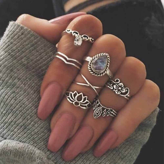 Boho Beach Hut Women's Rings Silver / One Size Vintage Ring Set