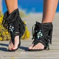 Boho Beach Hut Women's Sandals, black sandals, brown sandals, boho sandals, khaki sandals, gladiator sandals Black / 5 Boho Vintage Beaded Tassel Sandals