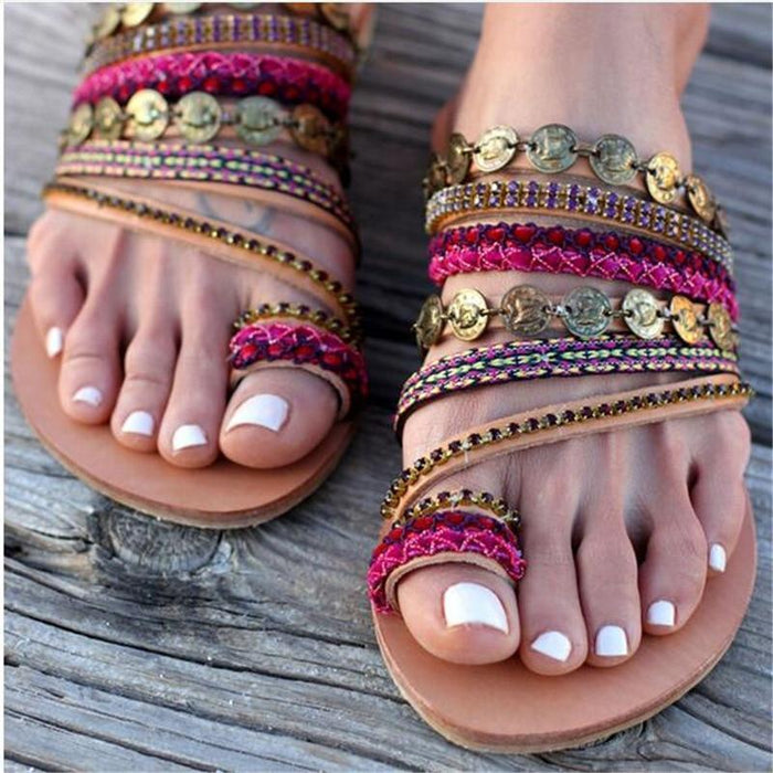 Boho Beach Hut Women's Sandals, colorful sandals, boho shoes, hippie shoes Bohemian Colorful Flat Sandals