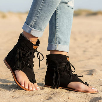 Boho Beach Hut Women's Sandals, Gladiators Sandals Gladiator Vintage Tassel Sandals Black / 5