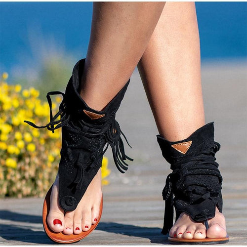 Boho Beach Hut Women's Sandals, Gladiators Sandals Gladiator Vintage Tassel Sandals Black / 5