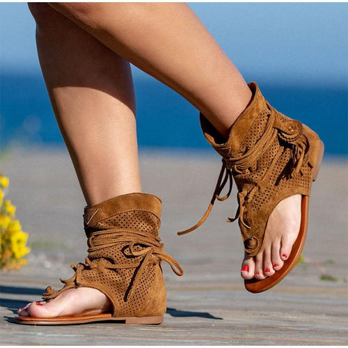 Boho Beach Hut Women's Sandals, Gladiators Sandals Gladiator Vintage Tassel Sandals Brown / 5