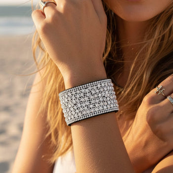 Boho Beach Hut Wrap Bracelets, Bracelets Leather Rhinestone Wide Band Bracelet Silver / One Size
