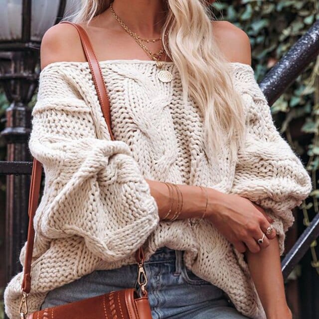 Boho Beach Hut Pullovers, Sweater, Knit Sweater Beige / S Sexy Off Shoulder Knit Pullover Sweater