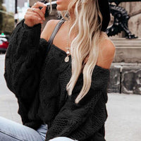 Boho Beach Hut Pullovers, Sweater, Knit Sweater Black / S Sexy Off Shoulder Knit Pullover Sweater