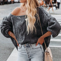 Boho Beach Hut Pullovers, Sweater, Knit Sweater Gray / S Sexy Off Shoulder Knit Pullover Sweater