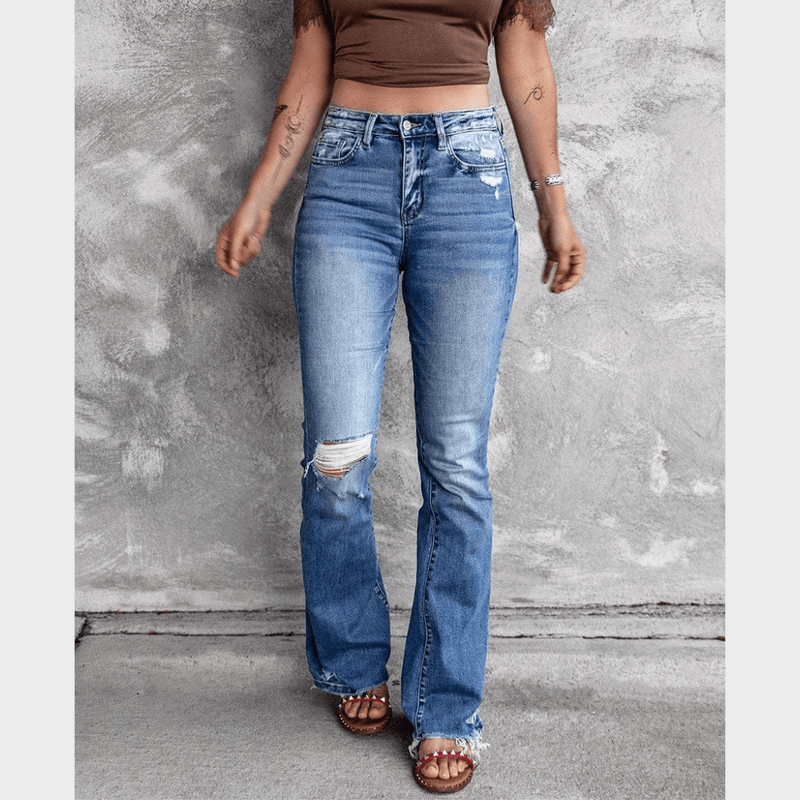 High Waisted Ripped Flare Jeans for Women Distressed Bell Bottom